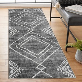 ReaLife Rugs Machine Washable Area Rug Runner - Living Room Bedroom Bathroom Kitchen Entryway Office - Padded Low Pile Stain Resistant Premium - Moroccan Diamond Tribal - Jax - Gray 2'6" x 6'