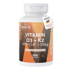 Vitamin D3 + K2-365 Tabletten - 10.000 I.E. + 200μg - Hochdosiert - 100% Vegan – Deutsche Produktion & Laborprüfung - NutriFair | Premium & Fair