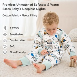 Unnivoll Baby Sleeping Bag 2.5 Tog Sleeping Bag with Legs 100% Cotton Winter Sleeping Bag Baby with Removable Sleeves Quilted Sleep Sack for Newbron Infant Warm Soft 6-18 Months Green Excavator