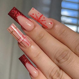 Christmas Press on Nails Long Coffin MABKJLF French Tip Fake Nails Red Full Cover Snow Swirl False Nails with Designs Glitter Glossy Glue on Nails Manicure Artificial Nails for Women Girls 24Pcs
