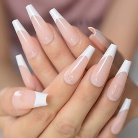 Long Coffin Nail Tips White Press On Nail Tips Fake Nails Art French Nails Designed Uv Gel Fingernails Manicure Salon Reusable Nails At Home Acrylic Made For Women Girls