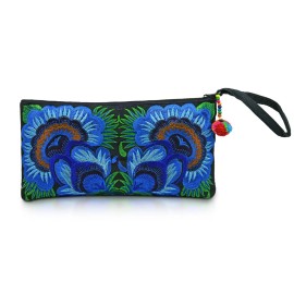 AeraVida Fairy Tale Birds in Floral Dark Blue Boho Embroidered Clutch Wristlet Bag