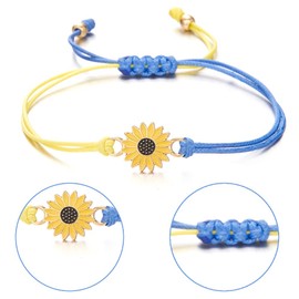 Fashion Sunflower Bracelet, 2 Pieces Love Friendship Bracelet Summer Adjustable Bracelets Sunflower Bracelet with Message Card for Women Girls Black Rope, Metal