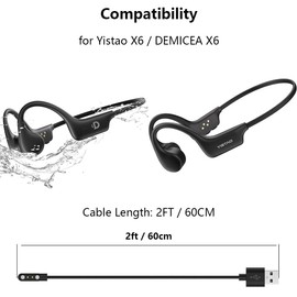 [2 Pack] Charger Compatible with Yistao X6 / DEMICEA X6 Bone Conduction Headphones, 2FT Replacement USB Charging Magnetic Cable Cord