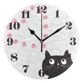 senya Wall Clock Silent Non Ticking, Round Cat and Paw Print Art Clock for Home Bedroom Office Easy to Read