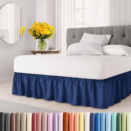 Wrap Around Dust Ruffle Bed Skirt – Navy Blue - Bed Skirt for Full Size Beds with 12 in. Drop – Easy Fit Elastic Strap - Pleated Bedskirt with Brushed Fabric - Wrinkle Free, Machine Wash - CGK Linens