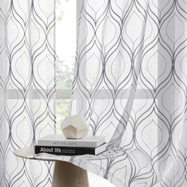 HOMEIDEAS White and Grey Sheer Curtains, 52 x 84 Inches Long Moroccan Embroidered Pattern Rod Pocket Semi Sheer Curtains, Faux Linen Light Filtering Drapes for Living Room/Bedroom, 2 Panels