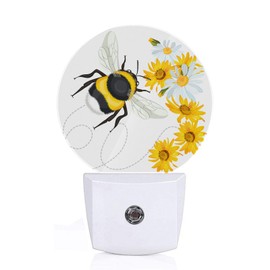 Axayaz Bee Plug in Night Light Bee Route Yellow Sunflower White Daisy Floral Auto LED Lamp Energy Saving Round Lights for Boys Girls Men Women