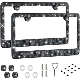 Einesin Bling Rhinestone Car License Plate Frames - Diamond Bedazzled Handcrafted Stainless Steel - Bedazzled Sparkly Caps for Men and Women (2 Pack) (Black)