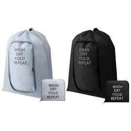 2 Pcs Travel Laundry Bag Washable Dirty Clothes Bag with Drawstring and Zipper for Suitcase, 22 x 18 Inch (Black, Gray,Classic)