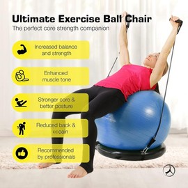Yoga Ball Chair  Exercise with Base or Stand for Home Office Desk Sitting Workout 65cm Antiburst Balance & Stability Seat Large Gym Abs - Color: Blue with Bands, Size: 65 cm