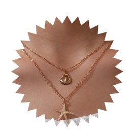Inilbran Boho Layered Shell Starfish Necklace Vintage Shell Choker Necklace Gold Starfish Pendant Necklace Starfish Shell Chain Necklace Jewelry for Women and Girls