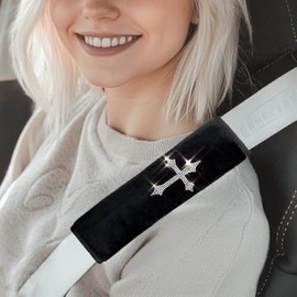 GiveMOJO Car Seat Belt Cover with Bling Rhinestone Cross, Safety Belt Shoulder Strap Pad and Sparkling Christian Faith Religious car Interior Accessories
