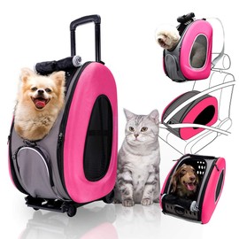 4 in 1 Pet Carrier + Backpack + CarSeat + Carriers on Wheels for Dogs and Cats (Pink)