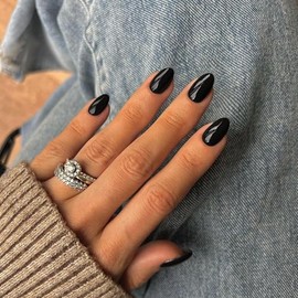SXVME Uñas postizas negras, cortas, ovaladas y redondas, con pegamento, uñas postizas cortas, uñas acrílicas de gel hechas a mano, uñas de almendra na