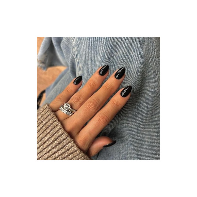 SXVME Uñas postizas negras, cortas, ovaladas y redondas, con pegamento,