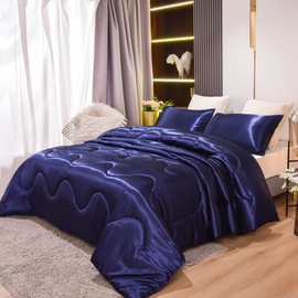 NTBED Silky Satin Comforter Set Queen Dark Blue, Soft Lightweight Microfiber Luxury Sexy Quilted Bedding Sets with 2 Matching Pillow Covers for Summer Spring Autumn