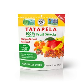 Tatapela 100% Natural Healthy Fruit Snacks, 5 Packs, Mango Apricot Hazelnut, No Added Sugar, Slightly Hard Chewy Bites, Deliciously and Light, Non-GMO, Gluten-Free, Vegan, Naturally Dried, Great for Kids Breakfast and Lunch, Made In USA