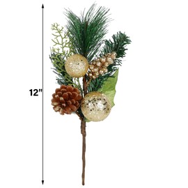 DR.DUDU Christmas 6 Pack 12'' Elegant Faux Picks Evergreen Sprigs + Gold & Silver Globe Ornaments + Pine Cone + Green Poinsettia Leaf + Mini Gold Balls (Gold)