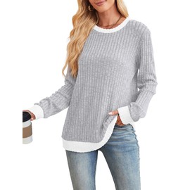 SAMPEEL Womens Tops Dressy Casual White Long Sleeve Shirts Loose Fit Vacation Outfits Cozy Sweaters Grey M