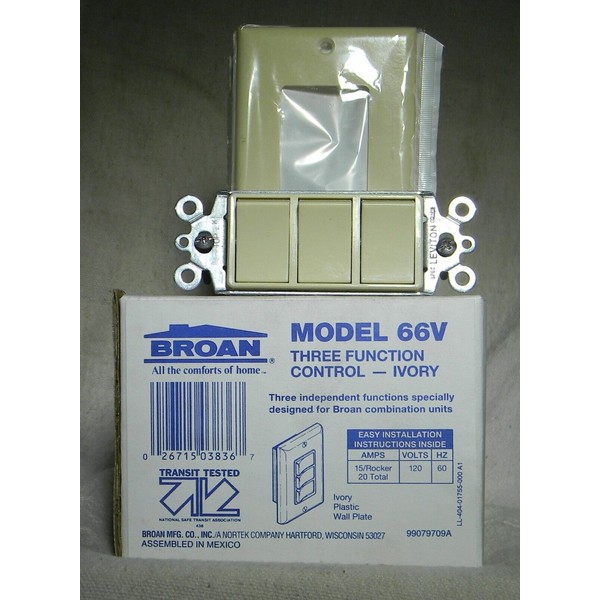 BROAN NUTONE THREE FUNCTION CONTROL MODEL P66IV ON/OFF 120V WALL SWITCH