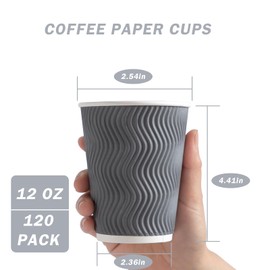 Clawsoff 120 Pack 12 oz Disposable Coffee Cups, Corrugated Insulated Ripple Wall Paper Coffee Cups 12oz, To Go Cups for Hot Beverage or Cold Drinks Office/Home/Cafe/Party/Travel (Gray)