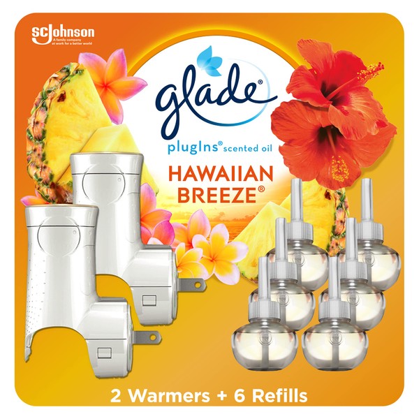 Glade PlugIns Refills Air Freshener Starter Kit, Scented and Essential Oils for Home and Bathroom, Hawaiian Breeze, 4.02 Fl Oz, 2 Warmers + 6 Refills