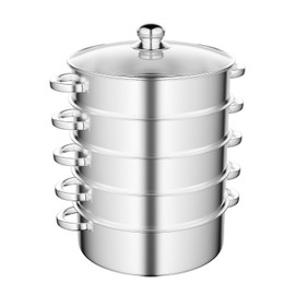 5-Tier Stainless Steel Steam Cooker, Domestic Commercial Large Steamer, with Glass Lid Food Cooking Steamer Pot for Induction, Gas, Electric Stoves, 28CM