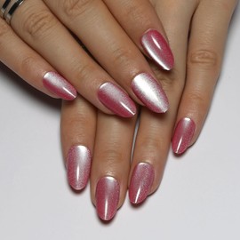 Red Almond Press On Nails Short Cat Eye Press on Nails with Glue for Women Ashionable Gel False Nails Reusable Acrylic False Nails Women's Glitter Nails Glue On Nails Kit, Plum Red