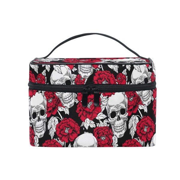 HaJie Makeup Bag Large Capacity Peony Flower Skull Skeleton Travel Portable Cosmetic Case Toiletry Bag Storage Bag for Women Girls