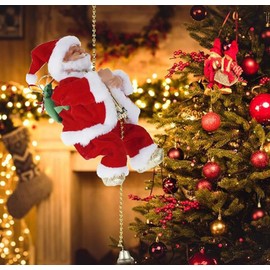 Electric Climbing Ladder Santa Claus on Rope Musical Climbing Santa Claus on Beads Chain Musical Moving Figure Plush Christmas Figurine Ornament Music Xmas Tree Hanging Ornament Holiday Party Supplies