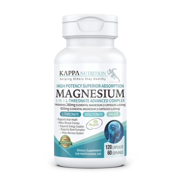(120 Capsules), 2,253mg Per Serving, Providing 420mg Elemental Magnesium, L-Threonate, Bisglycinate Chelate, Malate, for Brain, Sleep, Stress, Cramps, Headaches, Energy, Heart from Kappa Nutrition.