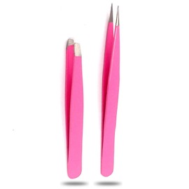 Precise Canada Tweezers for Ingrown Hair, Precision Slant Tweezers and Pointed Eyebrows Tweezer Set Stainless Steel Eyebrow Plucking 2 Pieces (Pink)