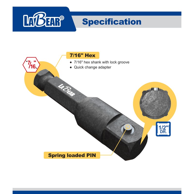 LABEAR- 7/16 hex to 1/2 impact adapter, 7/16 impact driver,