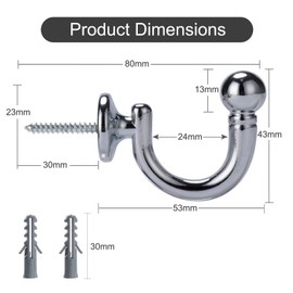 Round Head Curtain Hooks,Wall Mounted Tieback Tassel Holder,Window Drapery Tiebacks Hooks Clothes Coat Hat Towel Hanger Holder, Set of 2，Silver