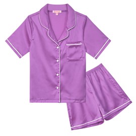 QPANCY Kids Satin Pajamas Sets Toddler Girls Boys Button-Down Purple Pjs Short Sleeve Silk Nightwear 2 Piece Lounge Sets 4T 5T