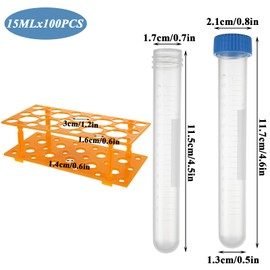 15ml Plastic Centrifuge Tubes with Screw Cap, CertBuy 100 Pack Plastic 15ml Test Tube Polypropylene Tubes with Cap, Graduated Marks with Test Tube Rack