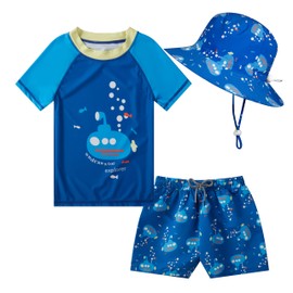 CuteCotton Toddlers Baby Boys' 3-Piece Rashguard Sets Bathing Suit Swimsuits with Hat Surfing Swimwear (Submarine,4-5 T)