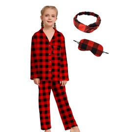 Girl Pajamas Set Long Sleeve kids Button Down Sleepwear with Eye Mask, Hairband (Black Red Plaid,160)