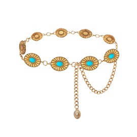 BEMYLV Turquoise Concho Belts for Women Western Gold Cowgirl Metal Belt Boho Waist Chains Dresses Jeans
