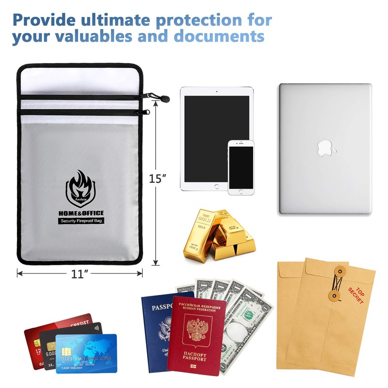 Upgraded Two Pockets Fireproof Document Bag (2000℉), andyer 15”x 11”Waterproof