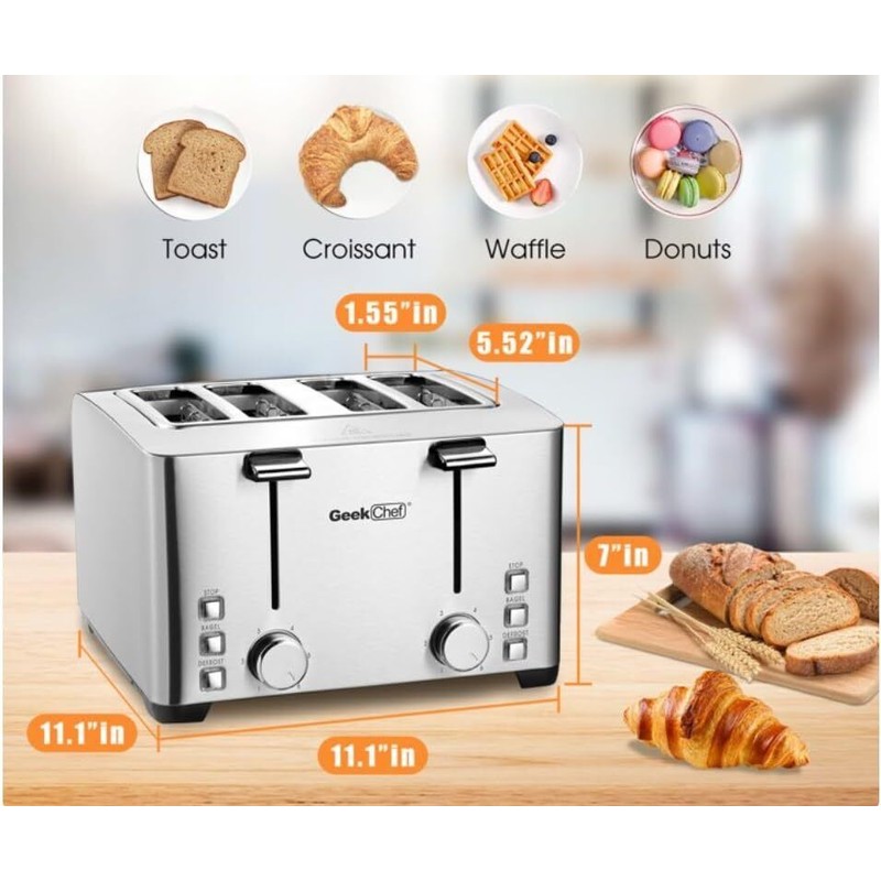 Geek-Chef 1500W Toaster 4Slice 4-Slot Bagel Croissant Waffles Donuts Defrost