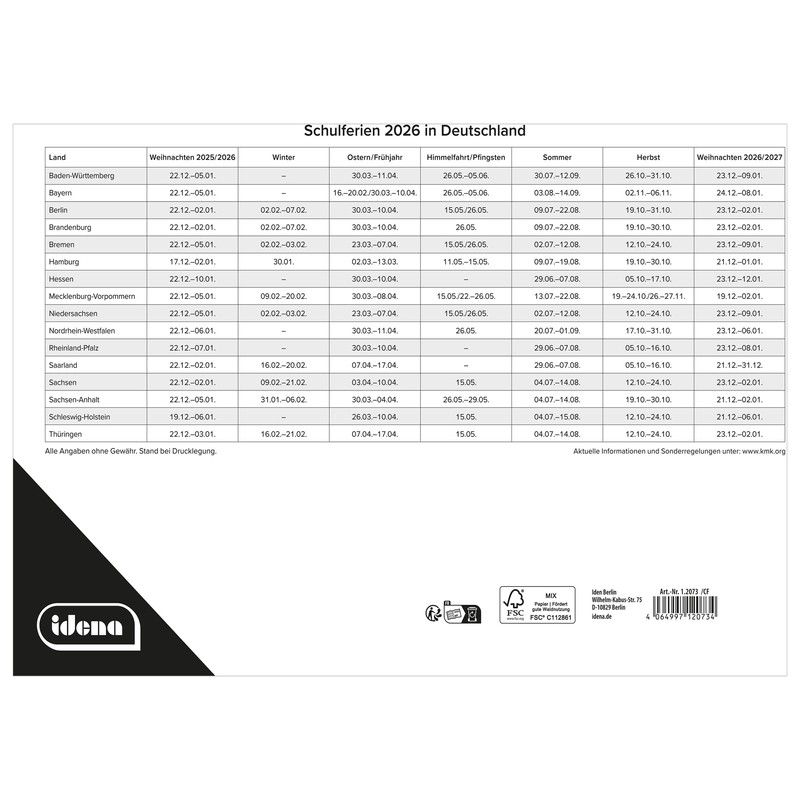 Idena 12073 - Kalender 2026 in DIN A4 Querformat (29,5