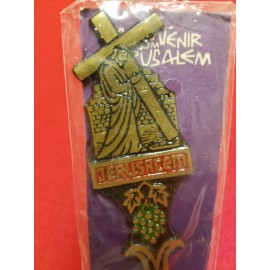 NEW VINTAGE JERUSALEM ISRAEL LETTER OPENER BRASS ENAMEL CHRIST WITH CROSS JESUS