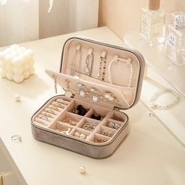 CASEGRACE Plush Velvet Travel Jewelry Box, Portable Jewelry Case for Women Girls, Double Layer Jewelry Organizer Display Box for Necklace Earring Rings Bracelet, Travel Accessory Gifts, Grey