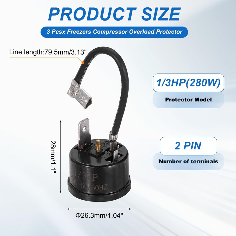 sourcing map 3pcs 1/3HP(280w) Refrigerator Overload Protector, 2 Pin Freezers