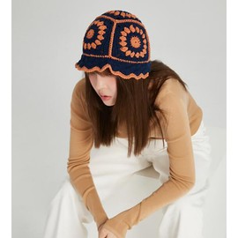 XYIYI Navy Women Crochet Bucket Hat Knit Handmade Foldable Beach Hat Cute Hand Woven Fishing Hat