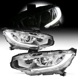 SOCKIR - For 2016-2021 Honda Civic [Halogen Type w/LED DRL] OEM Projector Headlight Headlamp Assembly Replacement Pair (Chrome Housing with Clear Reflector)