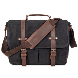 Vintage Genuine Leather Waxed Canvas Briefcase Large Satchel Shoulder Bag Rugged Computer 15.6" Laptop Bag (Black-3)