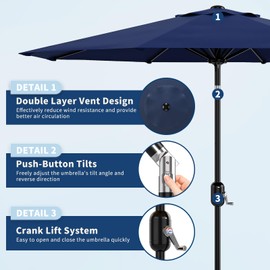 Patio Umbrella 10ft, Table Umbrella Outdoor Patio UV Protection with Crank Lift & Push Button Tilt, 8 Sturdy Ribs for Yard, Deck, Pool - Navy Blue